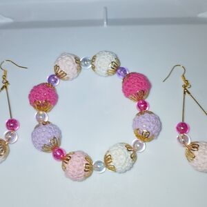 NWT Handcrafted Pink, Purple, White & G.T Accents Crochet Beaded Bracelet Set.